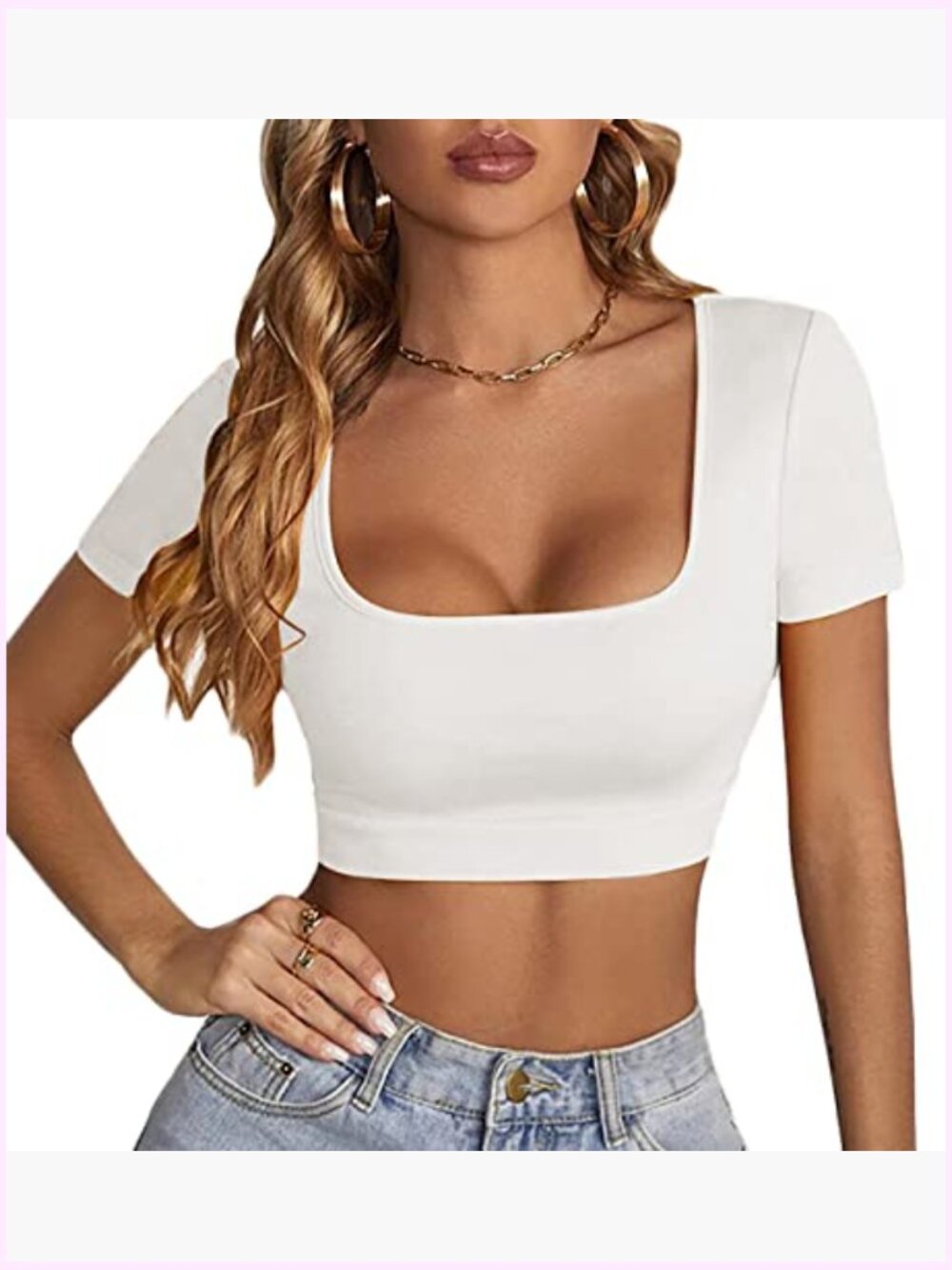 Scoop Neck Crop Top Short Sleeve Fitted Basic Tee Workout Y2K - Picture 5 of 5
